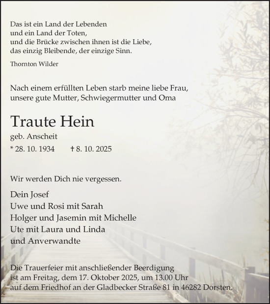 Traueranzeige von Traute Hein von Ruhr Nachrichten und Dorstener Zeitung