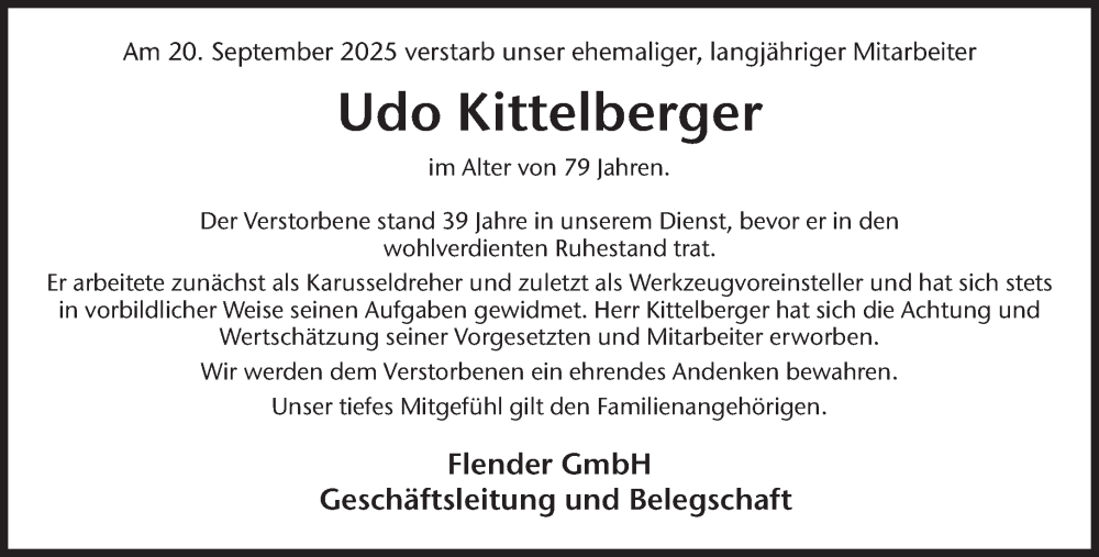  Traueranzeige für Udo Kittelberger vom 07.10.2025 aus 