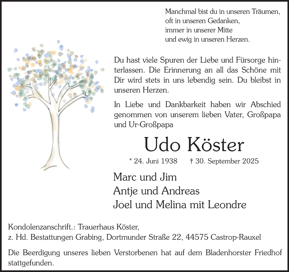  Traueranzeige für Udo Köster vom 11.10.2025 aus Stadtanzeiger Castrop-Rauxel