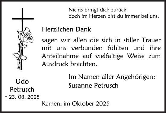 Traueranzeige von Udo Petrusch von Hellweger Anzeiger