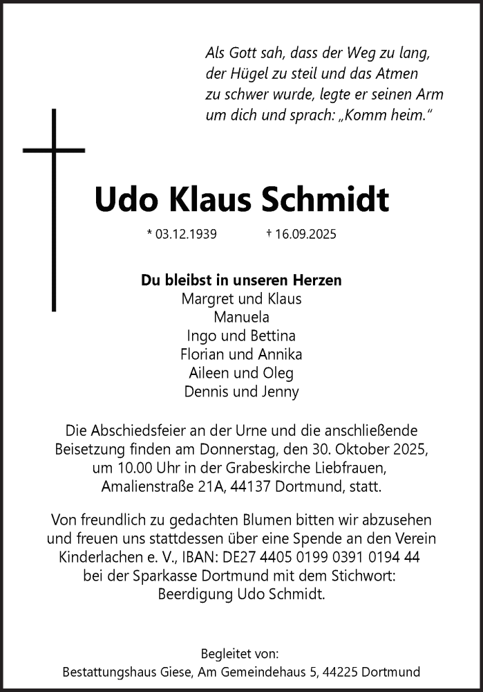  Traueranzeige für Udo Klaus Schmidt vom 25.10.2025 aus Ruhr Nachrichten