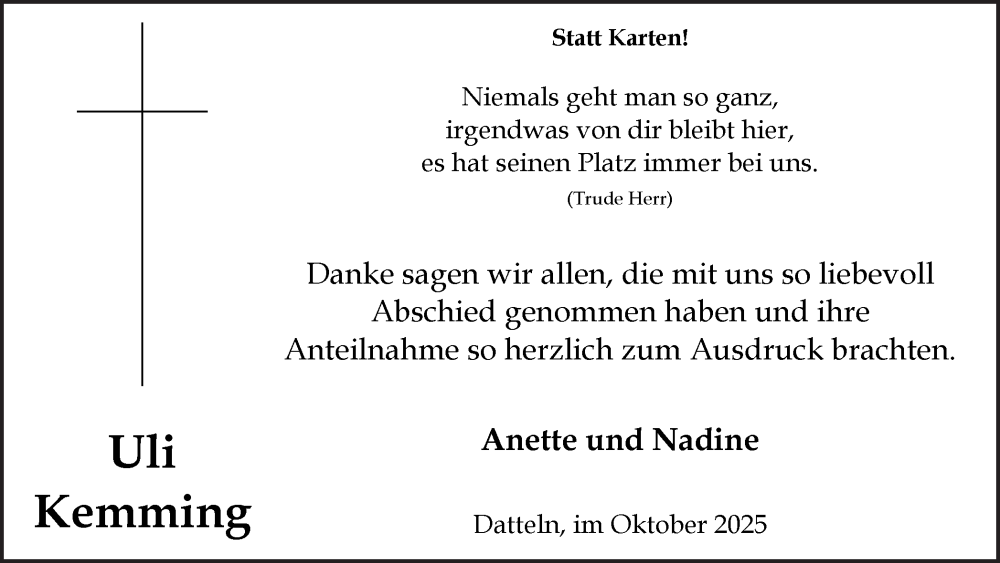  Traueranzeige für Uli Kemming vom 11.10.2025 aus Trauer Vest