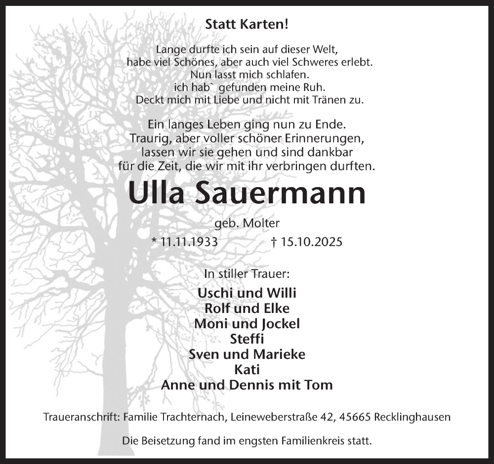  Traueranzeige für Ulla Sauermann vom 25.10.2025 aus Trauer Vest