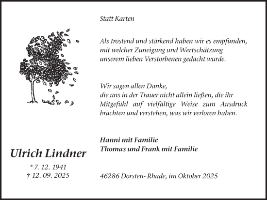 Traueranzeige von Ulrich Lindner von Ruhr Nachrichten und Dorstener Zeitung