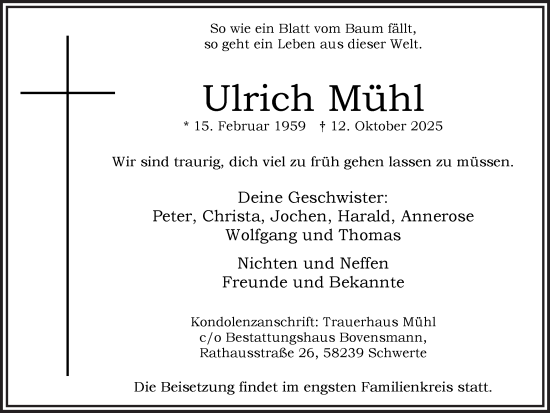 Traueranzeige von Ulrich Mühl von Ruhr Nachrichten