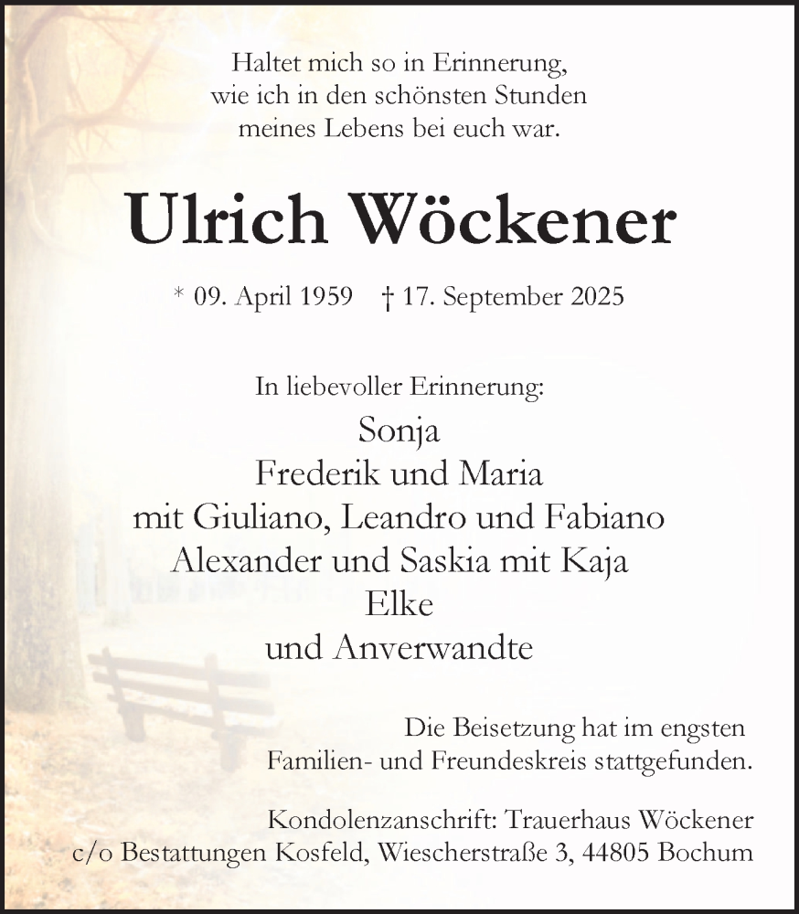  Traueranzeige für Ulrich Wöckener vom 11.10.2025 aus Ruhr Nachrichten