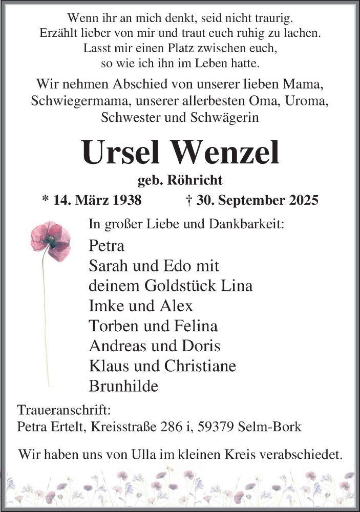  Traueranzeige für Ursel Wenzel vom 15.10.2025 aus Ruhr Nachrichten