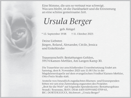 Traueranzeige von Ursula Berger von Hellweger Anzeiger