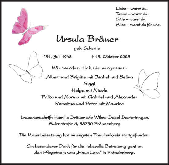 Traueranzeige von Ursula Bräuer von Hellweger Anzeiger