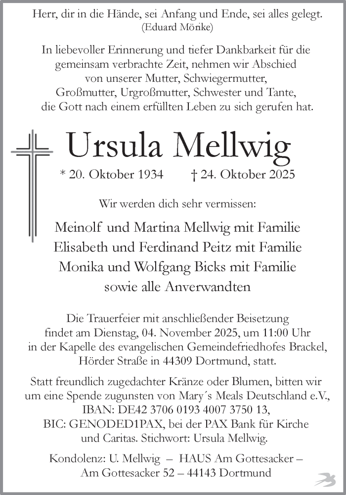  Traueranzeige für Ursula Mellwig vom 01.11.2025 aus Ruhr Nachrichten