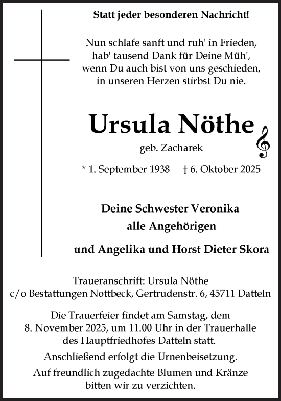 Traueranzeige von Ursula Nöthe von Trauer Vest
