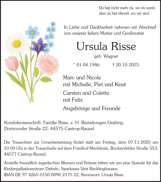 Traueranzeige von Ursula Risse von Stadtanzeiger Castrop-Rauxel