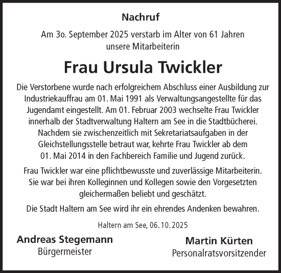 Traueranzeige von Ursula Twickler von Ruhr Nachrichten und Halterner Zeitung