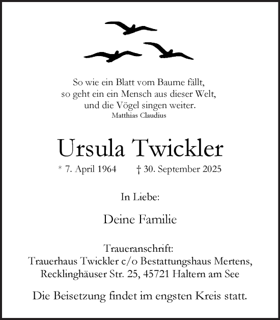 Traueranzeige von Ursula Twickler von Ruhr Nachrichten und Halterner Zeitung