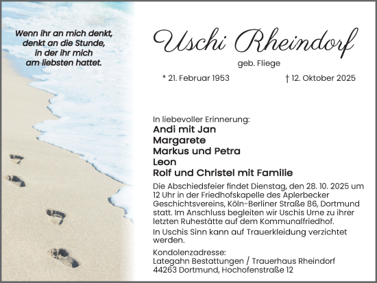 Traueranzeige von Uschi Rheindorf von Ruhr Nachrichten