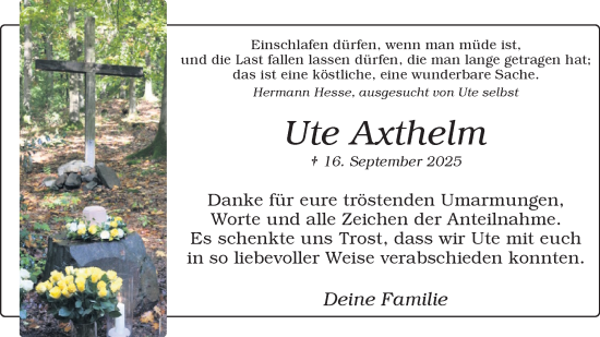Traueranzeige von Ute Axthelm von Ruhr Nachrichten