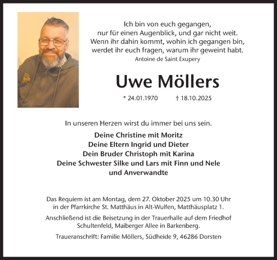 Traueranzeige von Uwe Möllers von Ruhr Nachrichten und Dorstener Zeitung