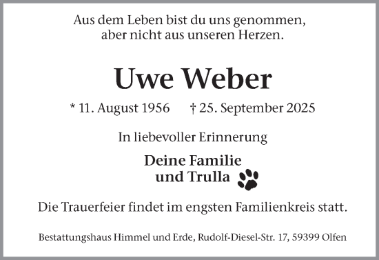 Traueranzeige von Uwe Weber von Ruhr Nachrichten