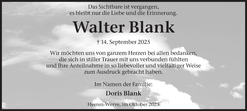  Traueranzeige für Walter Blank vom 25.10.2025 aus Hellweger Anzeiger