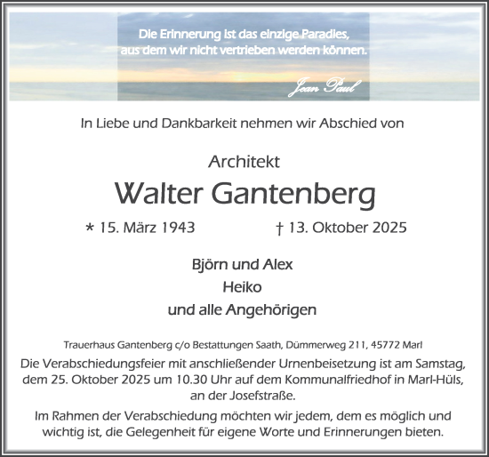 Traueranzeige von Walter Gantenberg von Trauer Vest