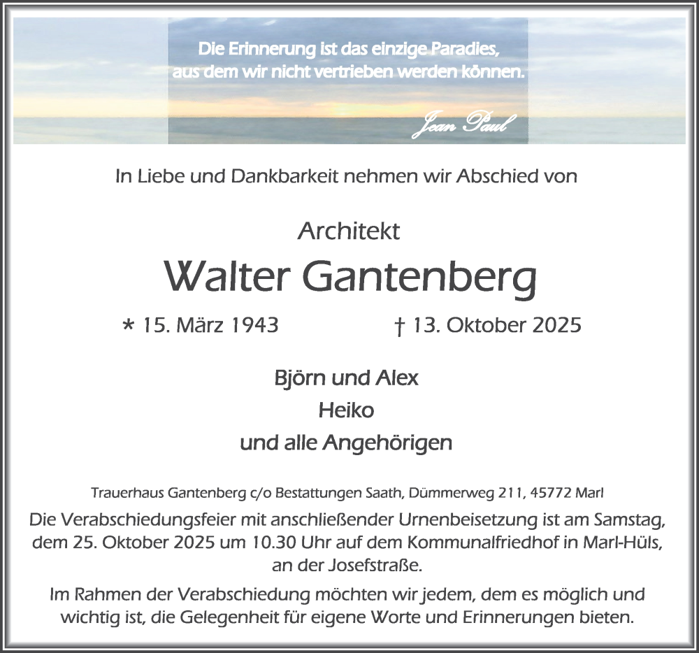  Traueranzeige für Walter Gantenberg vom 18.10.2025 aus Trauer Vest