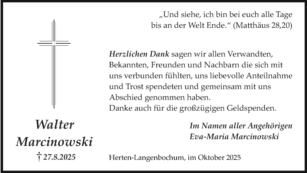  Traueranzeige für Walter Marcinowski vom 11.10.2025 aus Trauer Vest