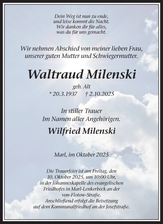 Traueranzeige von Waltraud Milenski von Trauer Vest