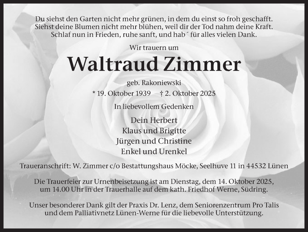  Traueranzeige für Waltraud Zimmer vom 11.10.2025 aus Ruhr Nachrichten