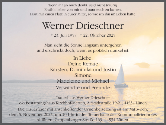 Traueranzeige von Werner Drieschner von Ruhr Nachrichten