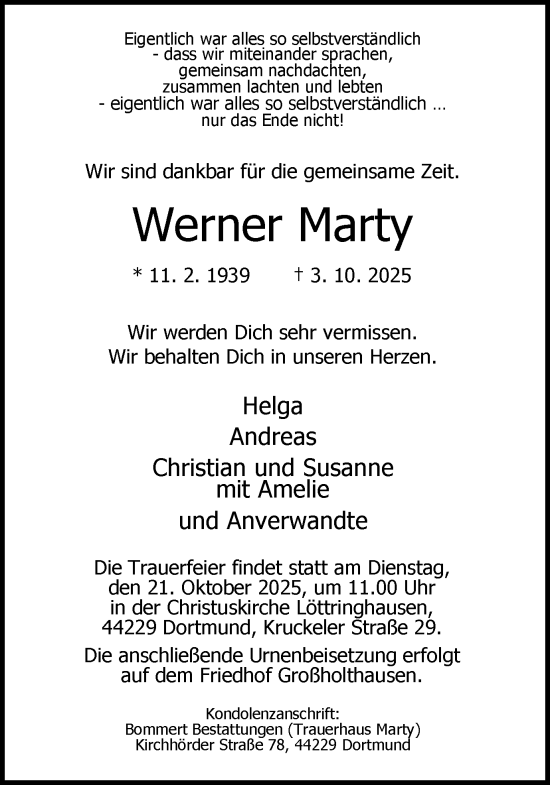 Traueranzeige von Werner Marty von Lüner Anzeiger