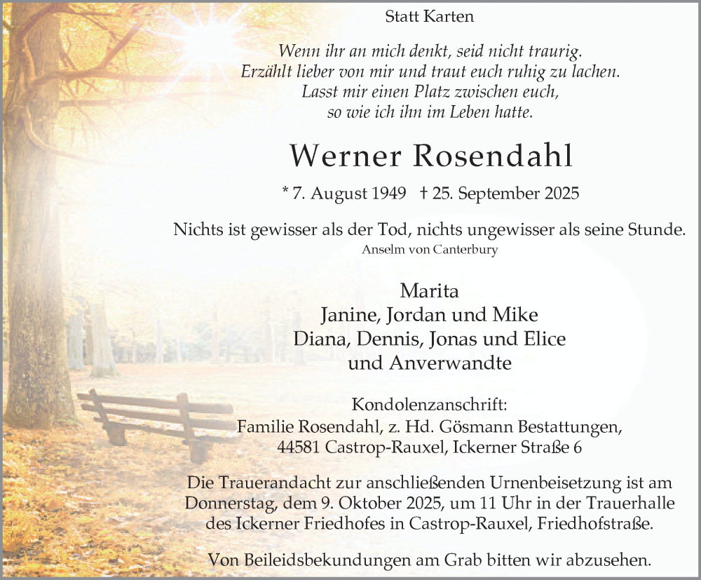  Traueranzeige für Werner Rosendahl vom 04.10.2025 aus Stadtanzeiger Castrop-Rauxel
