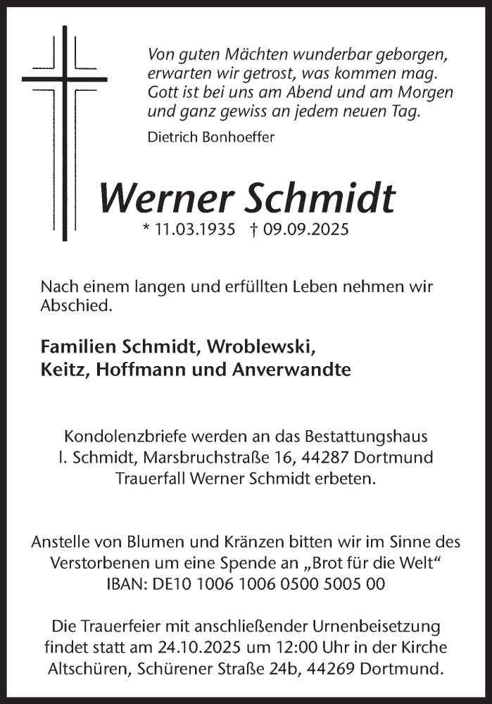  Traueranzeige für Werner Schmidt vom 18.10.2025 aus Ruhr Nachrichten