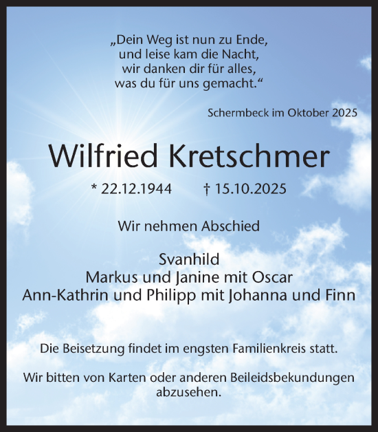Traueranzeige von Wilfried Kretschmer von Ruhr Nachrichten und Dorstener Zeitung