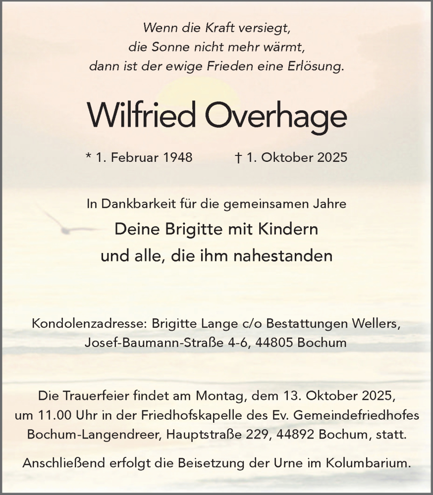  Traueranzeige für Wilfried Overhage vom 11.10.2025 aus Hellweger Anzeiger