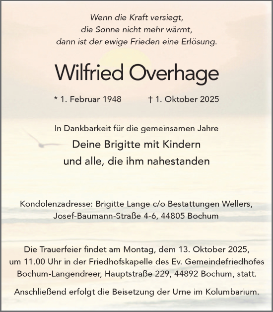 Traueranzeige von Wilfried Overhage von Hellweger Anzeiger