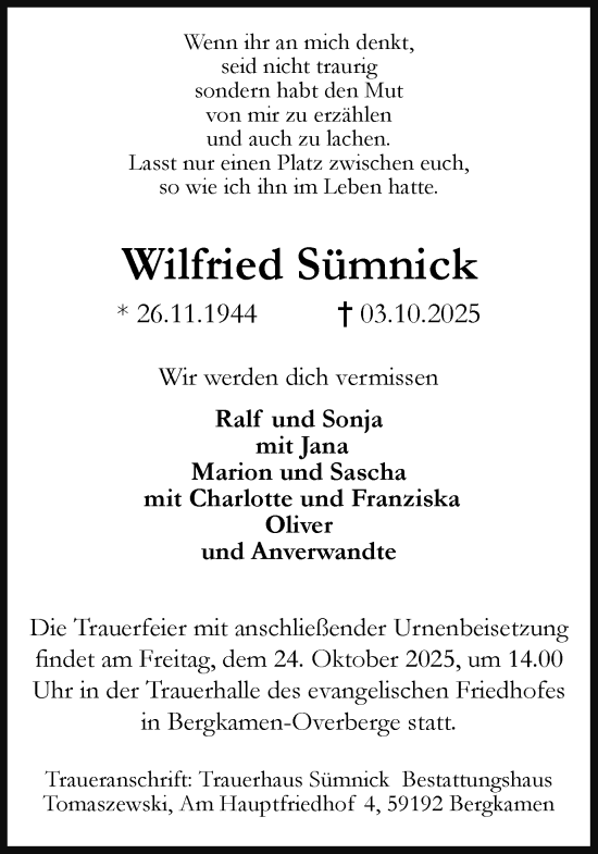 Traueranzeige von Wilfried Sümnick von Hellweger Anzeiger
