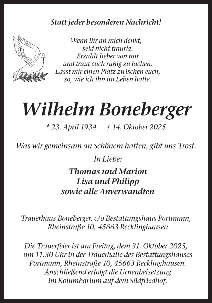  Traueranzeige für Wilhelm Boneberger vom 25.10.2025 aus Trauer Vest