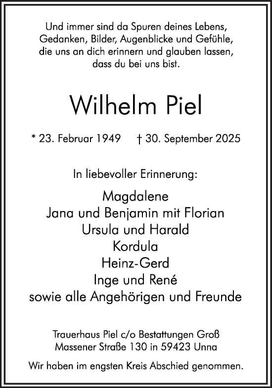 Traueranzeige von Wilhelm Piel von Hellweger Anzeiger