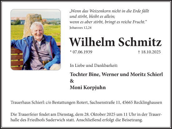 Traueranzeige von Wilhelm Schmitz von Trauer Vest