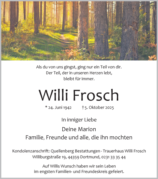 Traueranzeige von Willi Frosch von Ruhr Nachrichten
