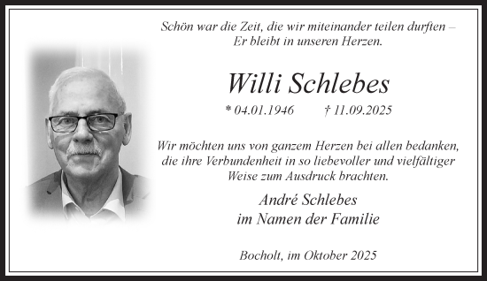 Traueranzeige von Willi Schlebes 