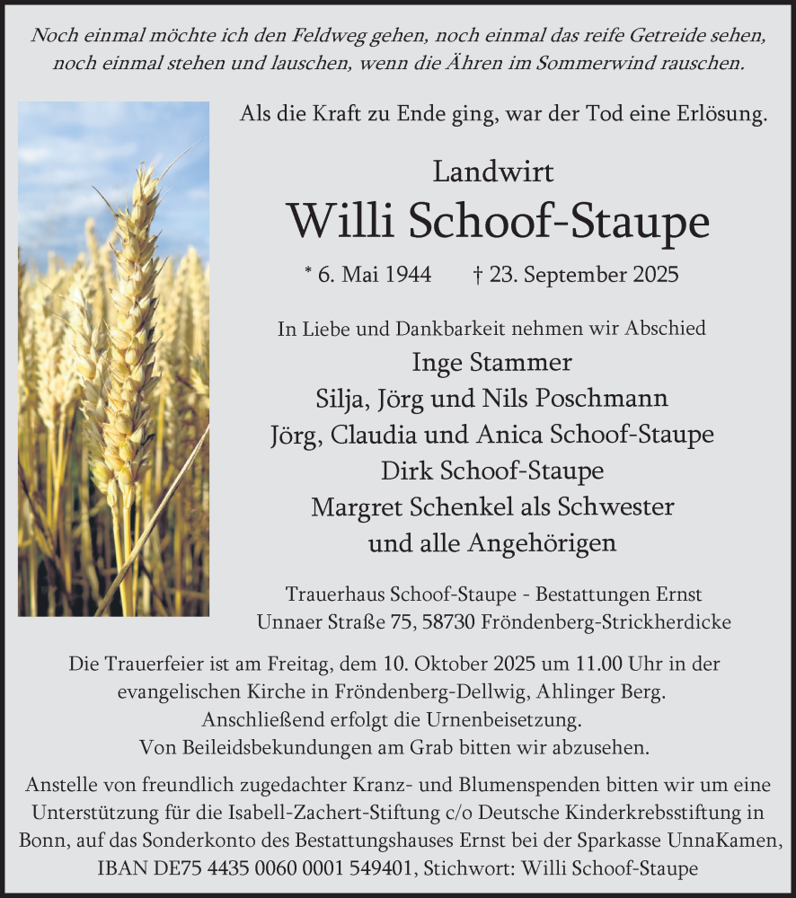  Traueranzeige für Willi Schoof-Staupe vom 04.10.2025 aus Hellweger Anzeiger