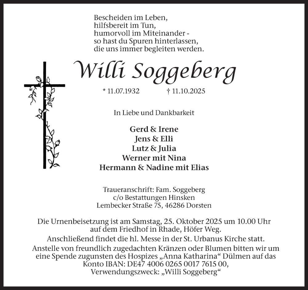  Traueranzeige für Willi Soggeberg vom 18.10.2025 aus Ruhr Nachrichten und Dorstener Zeitung
