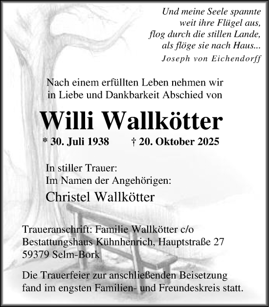 Traueranzeige von Willi Wallkötter von Ruhr Nachrichten