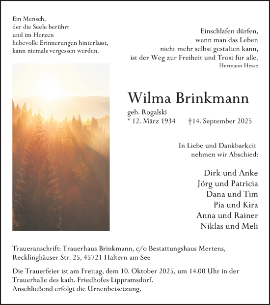 Traueranzeige von Wilma Brinkmann von Ruhr Nachrichten und Halterner Zeitung
