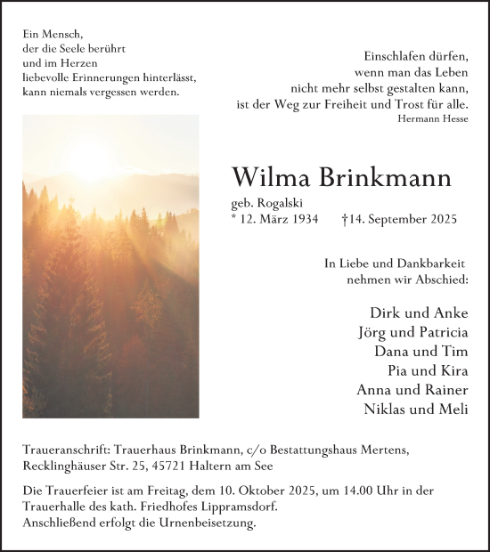 Traueranzeige von Wilma Brinkmann von Ruhr Nachrichten und Dorstener Zeitung