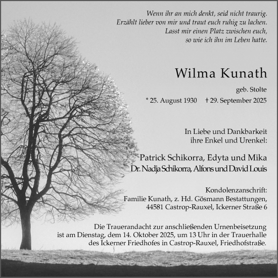Traueranzeige von Wilma Kunath von Stadtanzeiger Castrop-Rauxel
