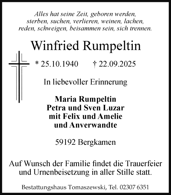 Traueranzeige von Winfried Rumpeltin von Hellweger Anzeiger