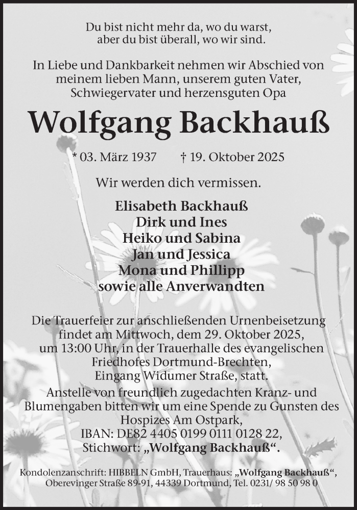  Traueranzeige für Wolfgang Backhauß vom 25.10.2025 aus Ruhr Nachrichten