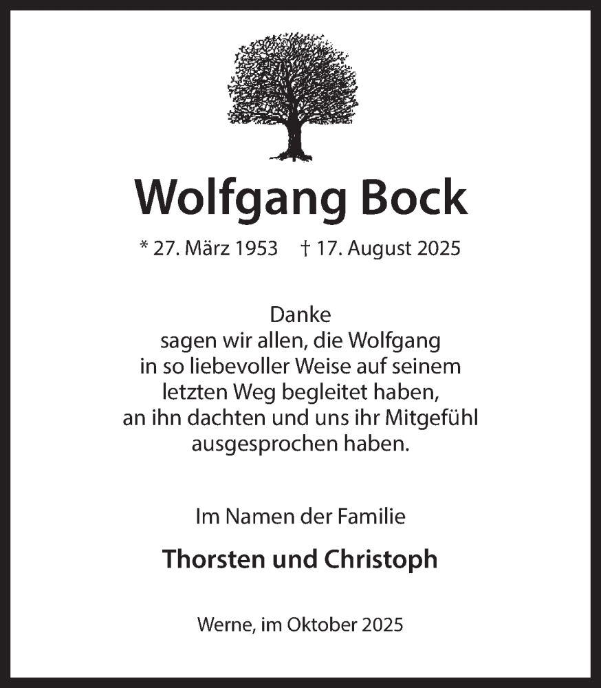  Traueranzeige für Wolfgang Bock vom 11.10.2025 aus Ruhr Nachrichten